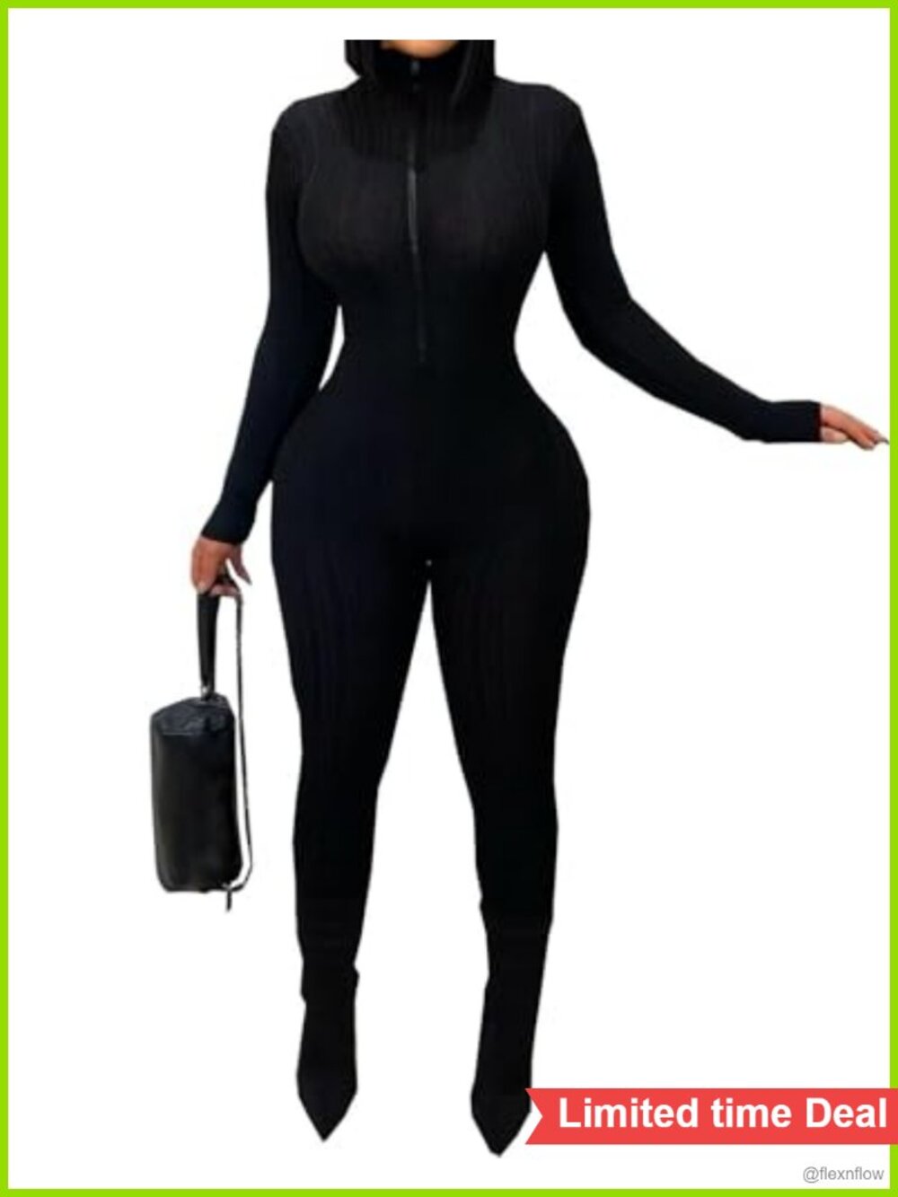 Women Long Sleeve Ribbed Zip Up Front Bodycon Jumpsuit Club Outfit